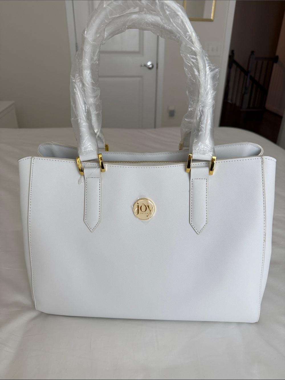 Joy Mangano White Pebbled Leather Tote with Gold Accents